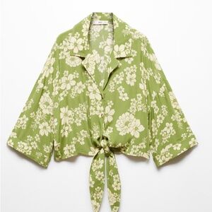 Mango Sage Green & White Floral Fabric Knot Tie Front Top/Loose Fit - Small (4)